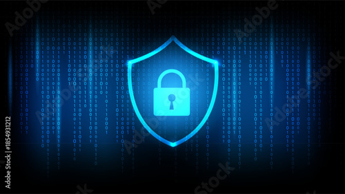 Glowing lock shield on binary code background representing digital security, cybersecurity and data protection