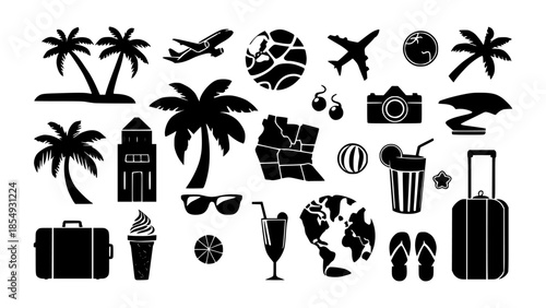 Tropical Vacation Silhouette Vector Icon Set with Beach Elements