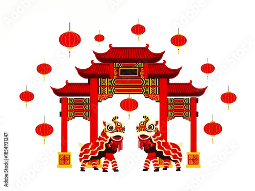 Vector flat design illustration of two lion dancers in traditional red costumes performing in front of a Chinese gate with red lanterns on a white background.