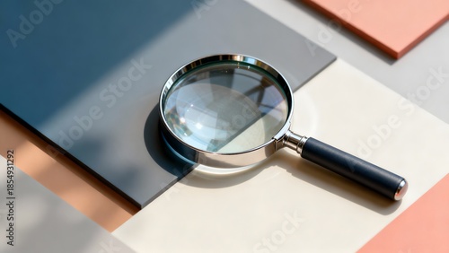 A magnifying glass resting on a contemporary multi-colored geometric surface under natural light.