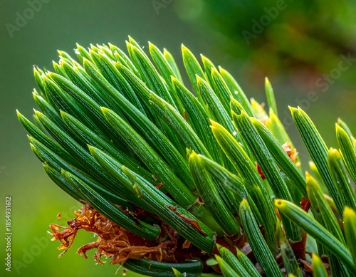 Vivid close-up showcases vibrant, fresh green pine needles with a touch of moisture in a soft, blurry background