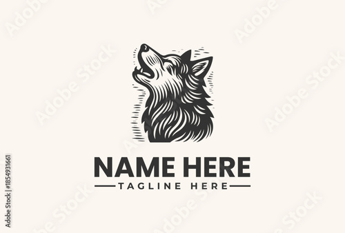 A black and white illustration of a wolf's head with a placeholder text for a name and tagline on a clean background, featuring a logo and vector design elements.