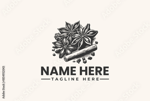 Black and white illustration of a leafy logo design with a rolled parchment and tagline on a beige background, featuring a stylized floral pattern.