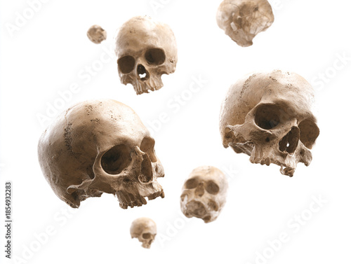 Multiple skulls scattered at different angles, isolated on white, 43