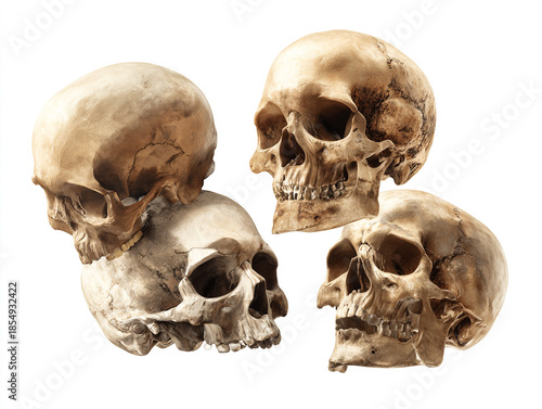 Multiple skulls scattered at different angles, isolated on white, 43