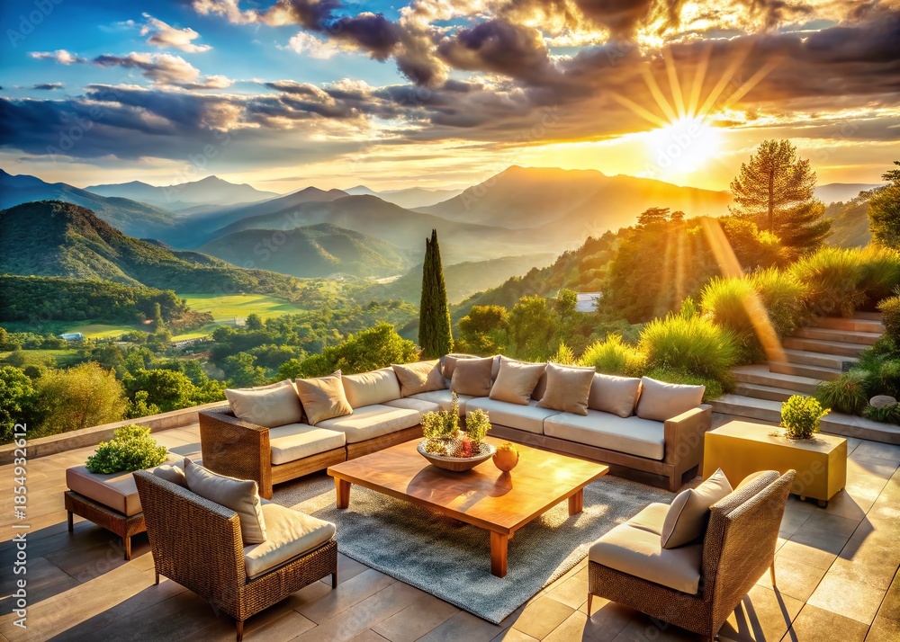 Fototapeta premium Luxurious Mountain View Sofa & Table - Aerial Photography Stock Photo