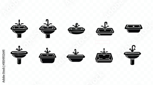 Set of ten black silhouette icons for bathroom sinks and basins with faucets.