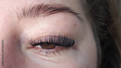 
Close up of female eye with eyelash extensions ,eyelash extension procedure.2d volume, 3d volume, classical lashes,Russian volume,mega volume, new set.