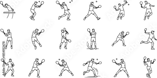 Tennis players outline vector set. Collection of line art illustrations showing various tennis strokes and movements. Sport and recreation icons.