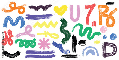 Collection Of colorful bold curved lines with loops isolate. Hand drawn bold grunge wavy and swirled brush strokes. Simple childish vector scribbles. Creative design. Vector illustration.