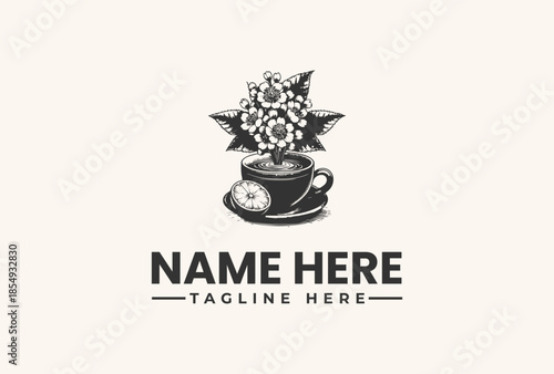 Black and white logo illustration of a cup with a gear turning into flowers, with placeholder text on a clean background.