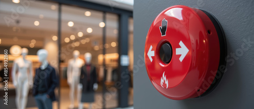 Emergency alarm system in retail store, featuring red button with directional arrows and hand symbol, signaling safety measures
