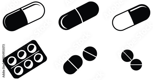 Assorted medicine capsules and tablets in black and white vector style, pharmaceutical health concept illustrations for medical design, prescription graphics, healthcare education