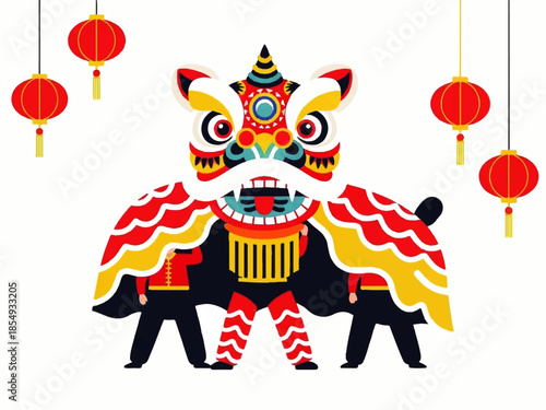 Vector flat design illustration of a colorful lion dance performance with red lanterns on white background.