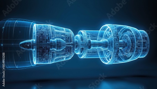 Wallpaper Mural Blue holographic wireframe jet engine shows complex internal parts. Digital design displays advanced aircraft propulsion system. Futuristic tech and engineering blueprint. Torontodigital.ca