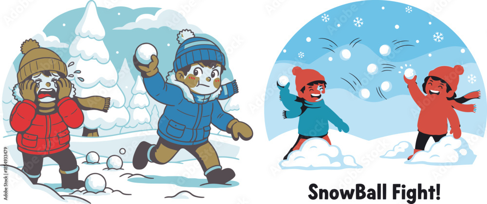 Fototapeta premium Children having fun playing a snowball fight in the snow