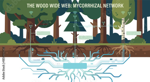 Wood wide web mycorrhizal network diagram showing trees communicating via underground fungal roots like internet data connections for forest ecology biology science.