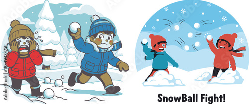 Children having fun playing a snowball fight in the snow