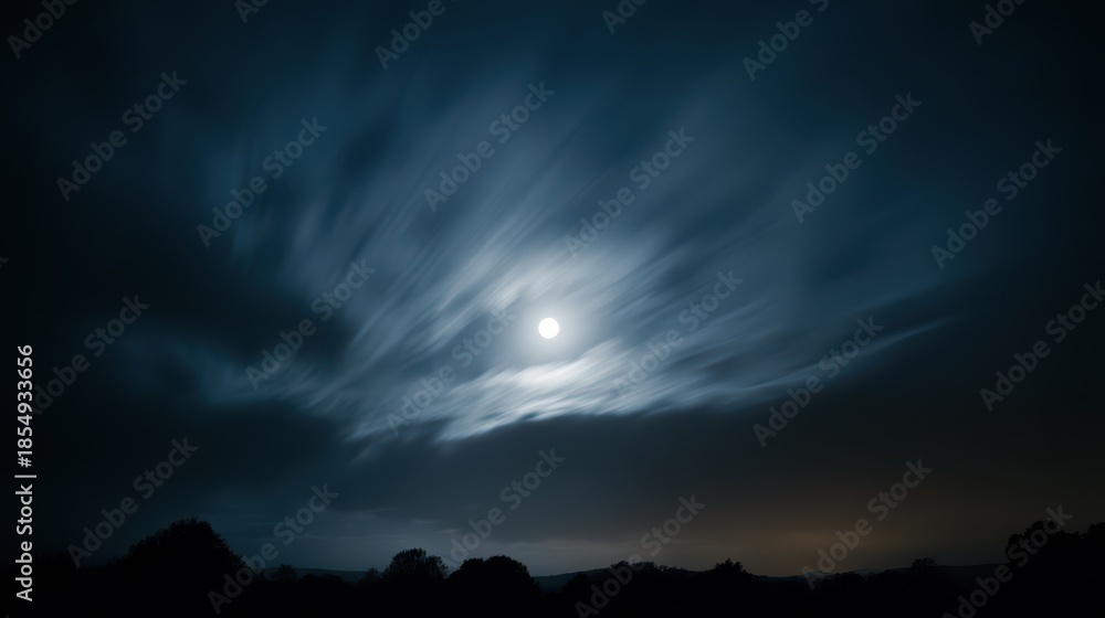 Obraz premium Moonlit night sky with a full moon behind dark drifting clouds