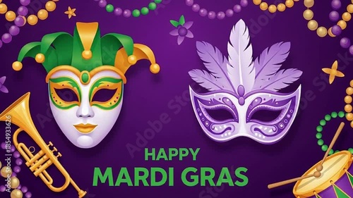 Happy Mardi Gras Celebration With Masks And Musical Instruments
