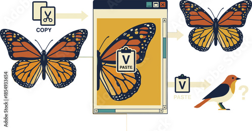 Genetic engineering concept diagram showing butterfly copy paste mechanism with successful clone versus unexpected mutation bird result for biotechnology science.