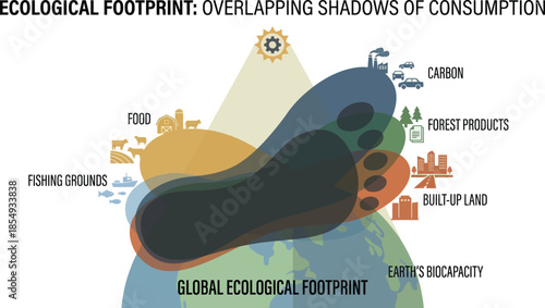 Global ecological footprint diagram showing overlapping shadows of consumption for carbon food and forest products on earth biocapacity for environmental science.