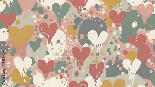 A seamless pattern of dripping hearts and abstract shapes in muted pastel colors.