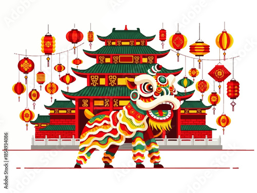 Vector flat design illustration of a colorful lion dance performance in front of a traditional Chinese pagoda with hanging lanterns.