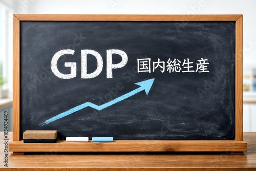 Obraz na płótnie GDP国内総生産の成長を黒板と上昇グラフでわかりやすく示す経済解説イメージ