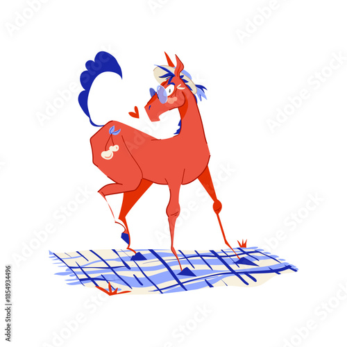 Playful vector character design of a cheerful red horse enjoying a summer vacation, accessorized with a stylish straw sun hat and sunglasses. For cover, posters, stationery, prints, cheerful branding 