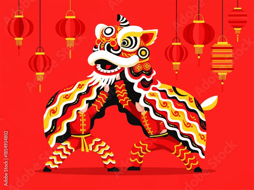 A vibrant Vector Flat Design Ilustration of a lion dance performance with colorful lanterns in a lively, festive setting.