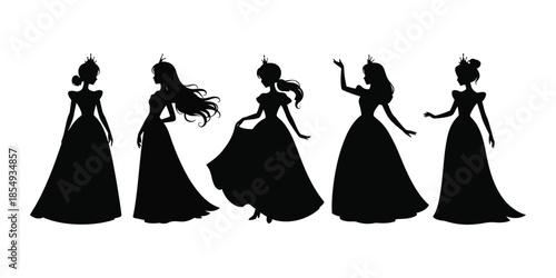 Princess in formal dress silhouette image, elegant Cinderella character in ball gown for fairytale design, minimalist vector clipart illustration.