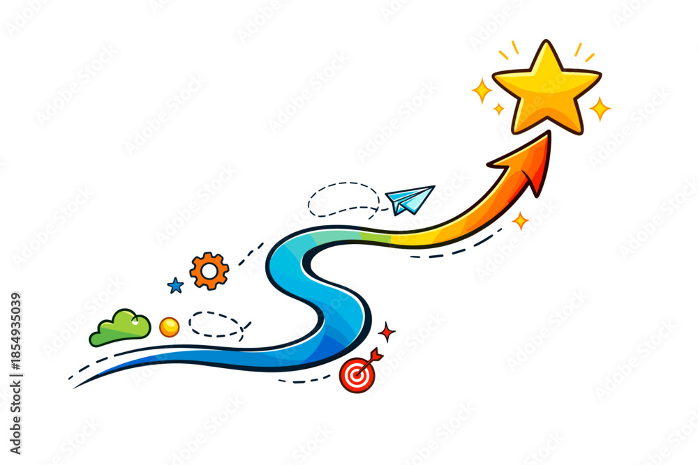 Obraz premium Colorful path to success with arrow, star, and paper plane illustrations