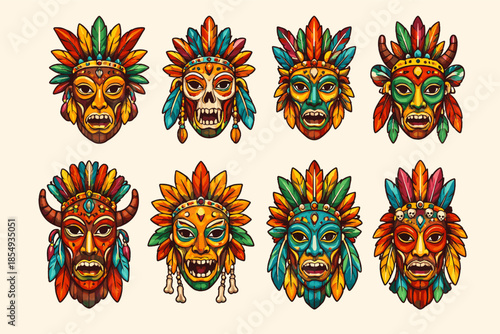Colorful tribal masks with diverse designs and vibrant feathers on neutral background