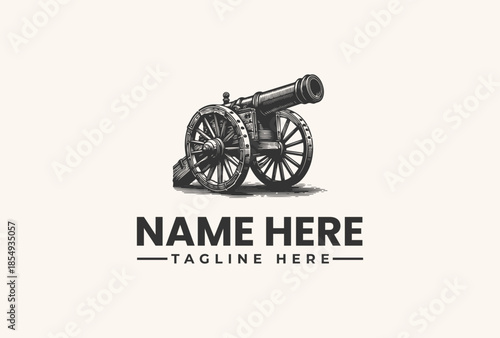 A black and white illustration of a vintage cannon with placeholder text on a beige background, featuring a logo and tagline design.