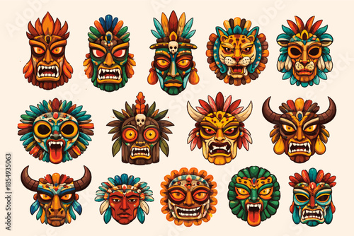 Colorful aztec-inspired masks with intricate tribal designs and animal motifs