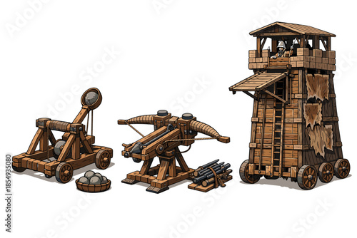 Medieval siege weapons: catapult, ballista, and siege tower