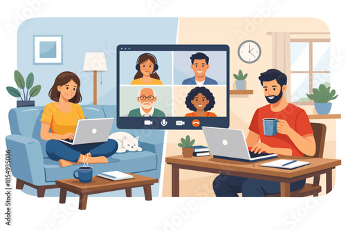 Diverse group video conference with caucasian and hispanic participants