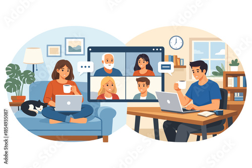 Virtual family meeting with diverse group chatting on laptops at home
