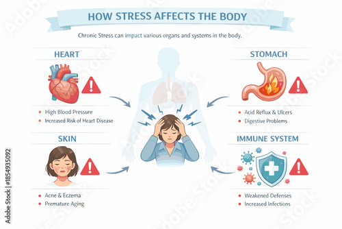 Impact of stress on body: heart, stomach, skin, immunity - female, asian, adult
