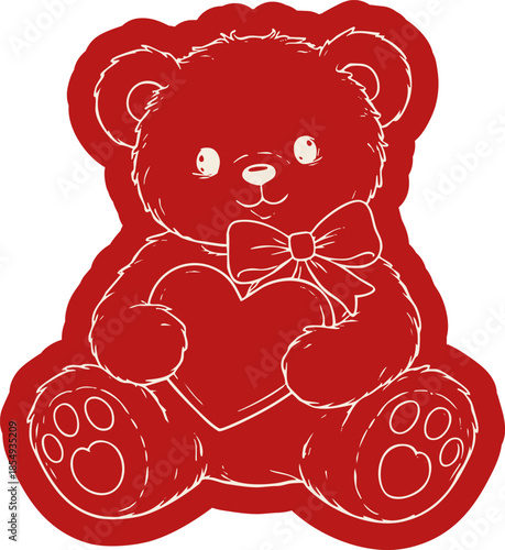 Red teddy bear illustration handdrawn cute romantic toy holding heart with bow isolated on transparent background