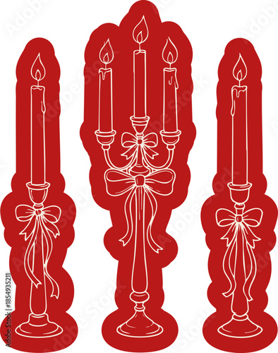 Red candles and candelabra illustration handdrawn romantic vintage decor with bows for wedding or valentines isolated on transparent background