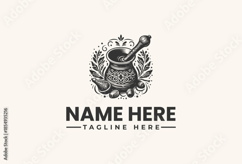 Black and white logo illustration of a mortar and pestle with ornate design elements and text placeholder on a beige background.