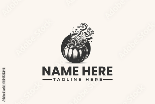 Black and white vector illustration of a logo featuring a smoking cauldron with placeholder text on a clean background.