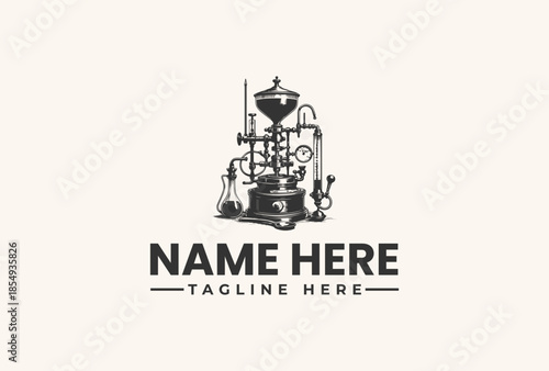 A black and white vector illustration of a coffee roastery logo with a tagline on a clean white background, featuring industrial equipment.
