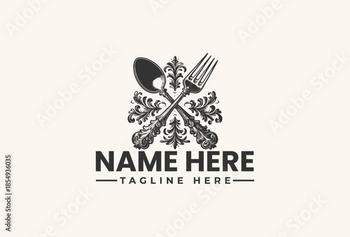 A logo design featuring a spoon and fork crossed over floral patterns with a placeholder text on a beige background.
