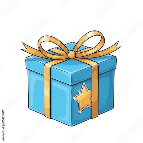 Beautifully wrapped blue PNG Transparent gift box with golden ribbon