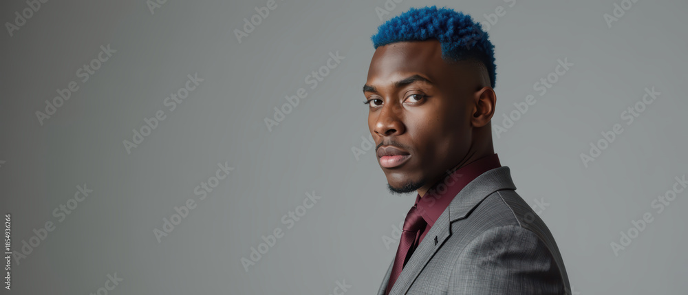 Obraz premium Stylish man with blue hair wearing gray suit and maroon shirt, exuding confidence and modern fashion