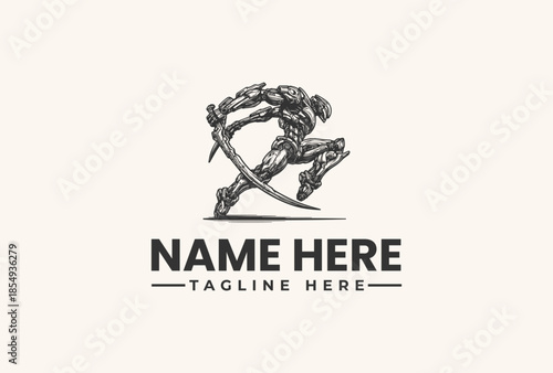 A grayscale illustration of a dynamic humanoid robot holding a sword in a powerful stance with a bold logo and tagline on a clean white background.