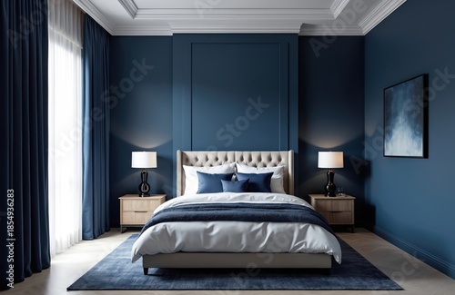 Wallpaper Mural Elegant bedroom features tufted beige headboard bed with white linens, navy blue accents. Dark blue walls contrast with light wood nightstands, large window with sheer curtains providing soft light. Torontodigital.ca